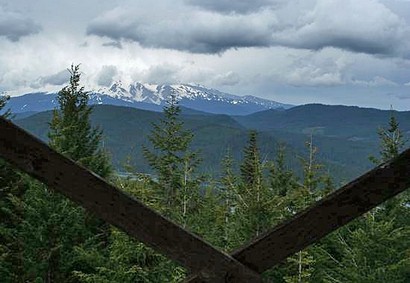 View of Mt. Hood from the stairs up Clear Lake Butte Lookout